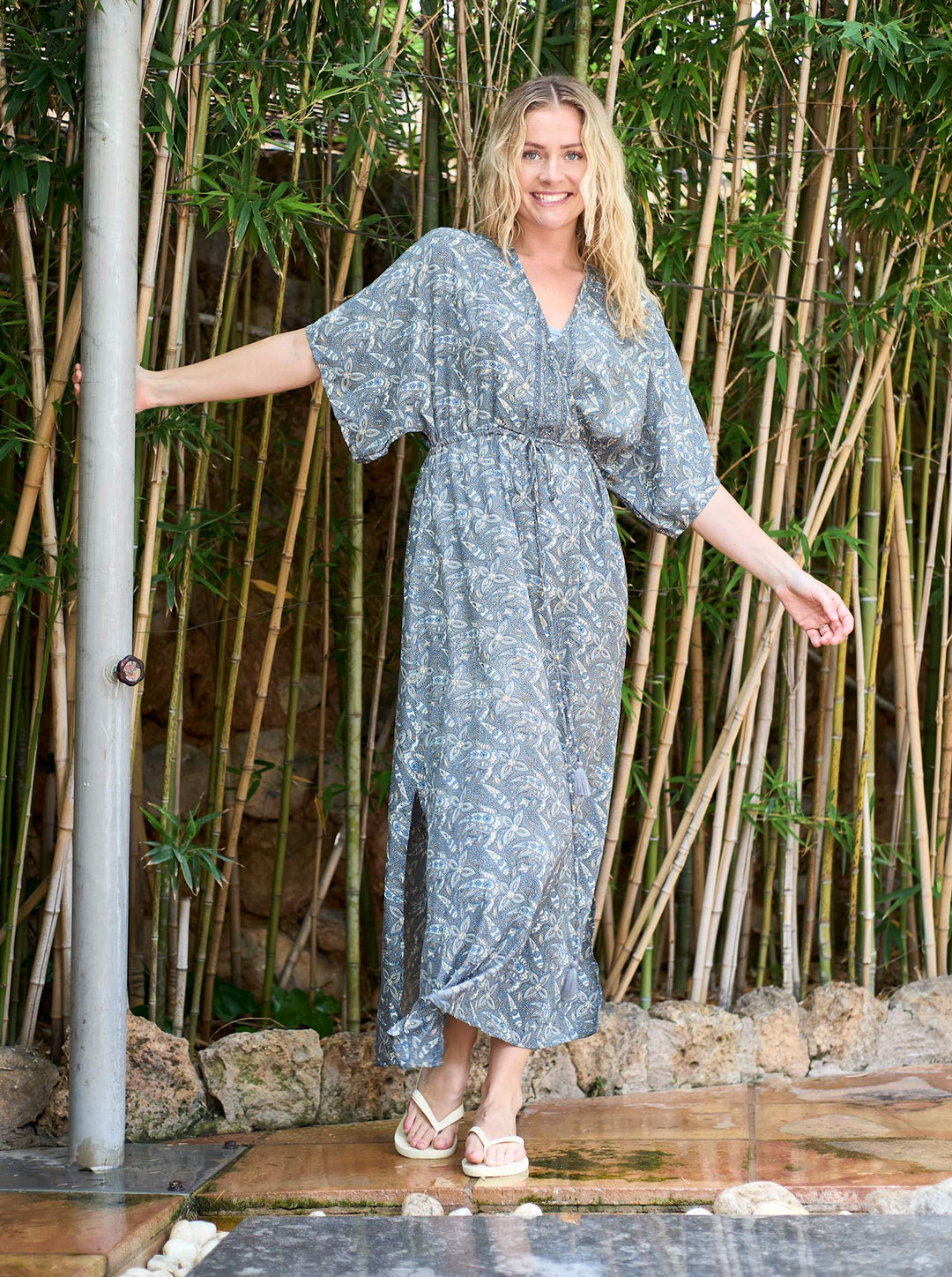 Luna long V-neck dress in Glory Blue
