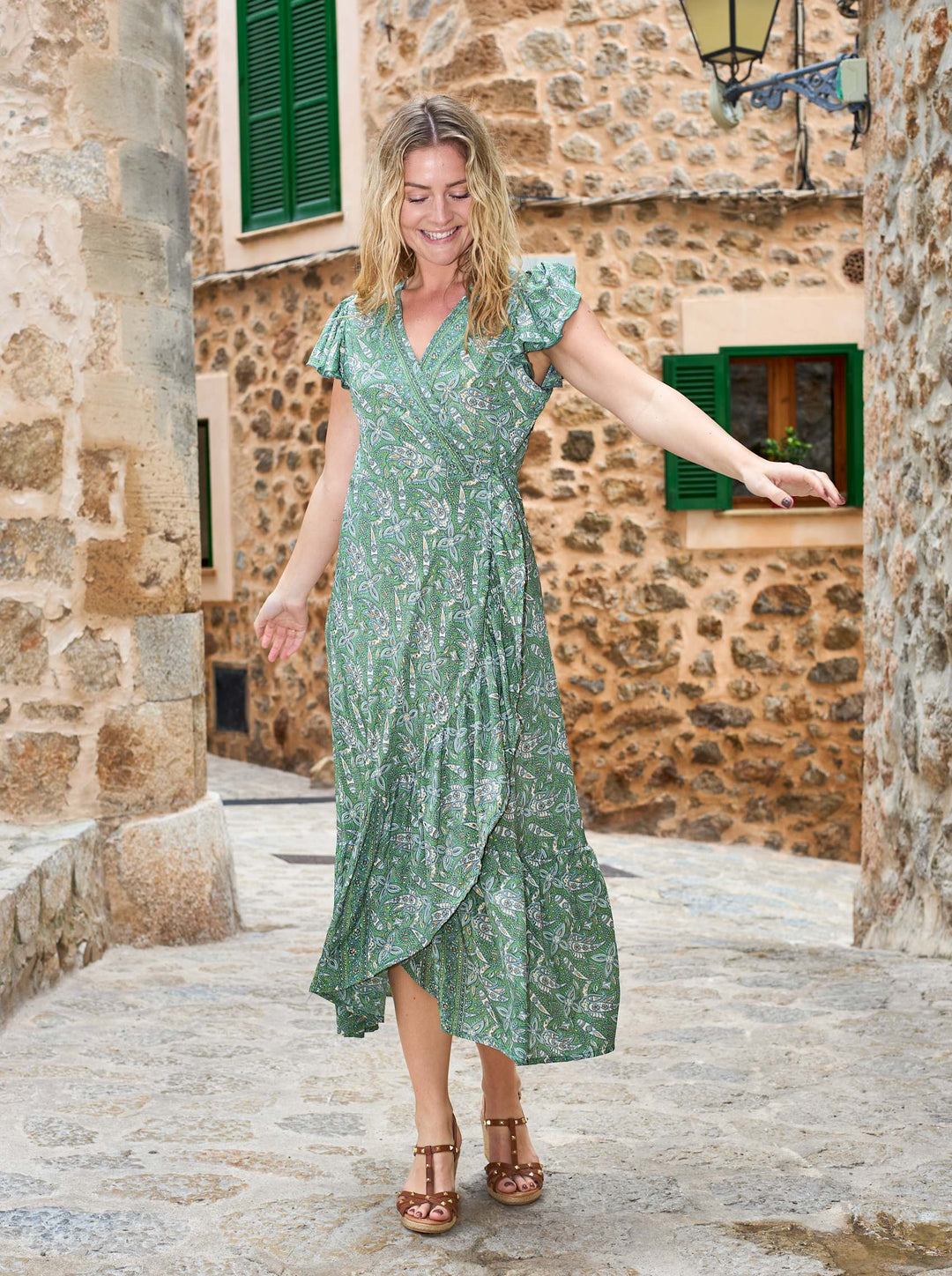 Luna Flared Wrap Dress in Glory Green