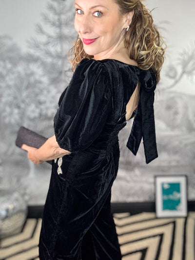 Chelsea Velvet Puff Sleeve Jumpsuit with Embellished Bow