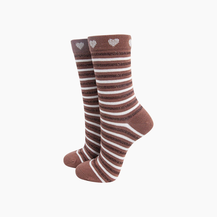 Stripes Hearts Combed Cotton Glitter Socks in Chocolate/Beige: UK 3-7 | EU 36-40 | US 5-9