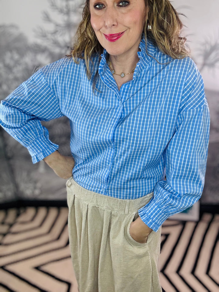 Rosalind Checkered Ruffle Collar Shirt in Blue