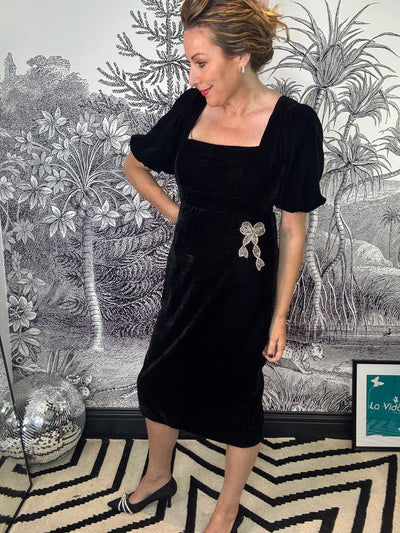 Alba Velvet Puff Sleeve Midi Dress with Embellished Bow