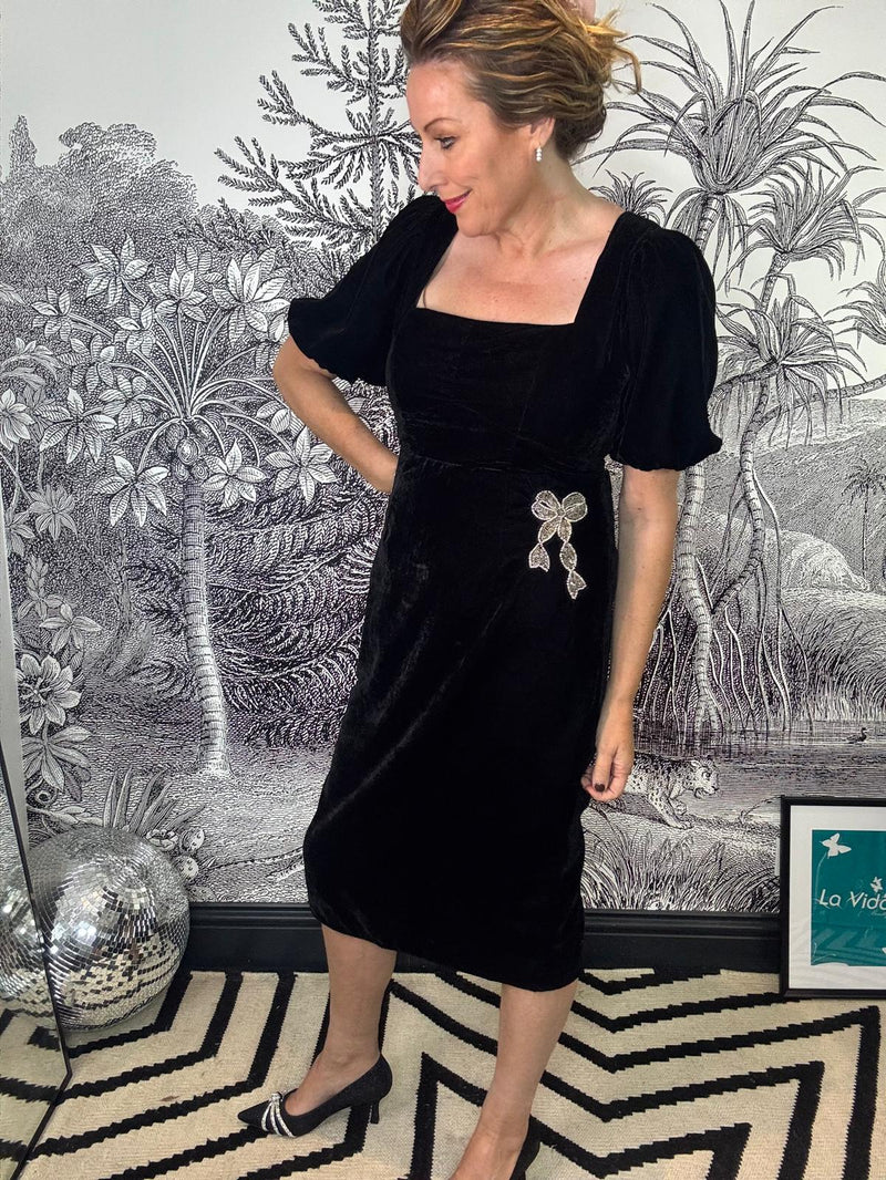 Alba Velvet Puff Sleeve Midi Dress with Embellished Bow