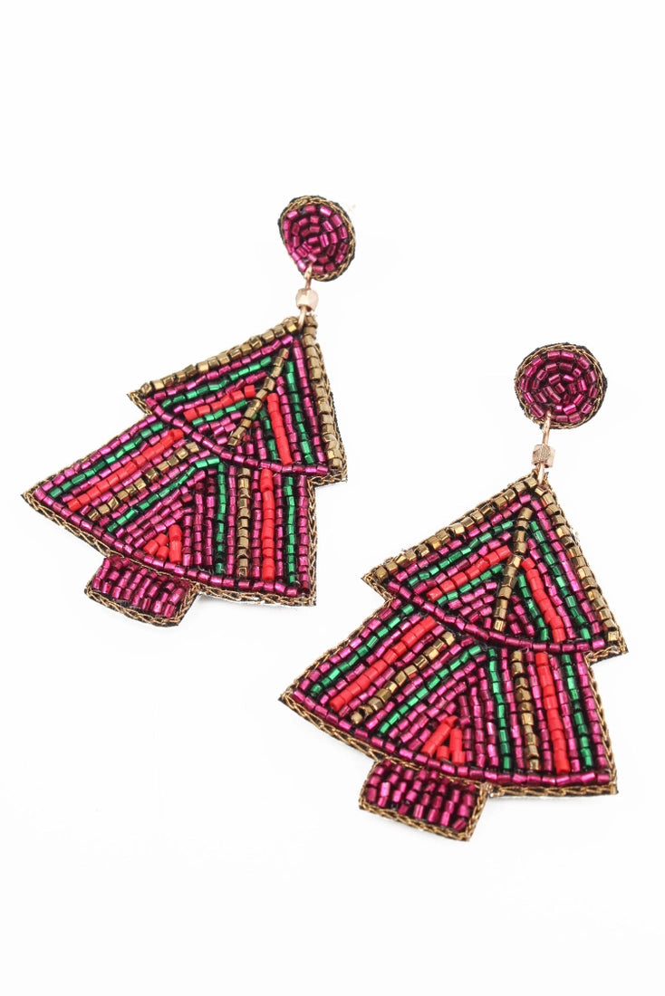 Multi Stripe Christmas Tree Beaded Earrings