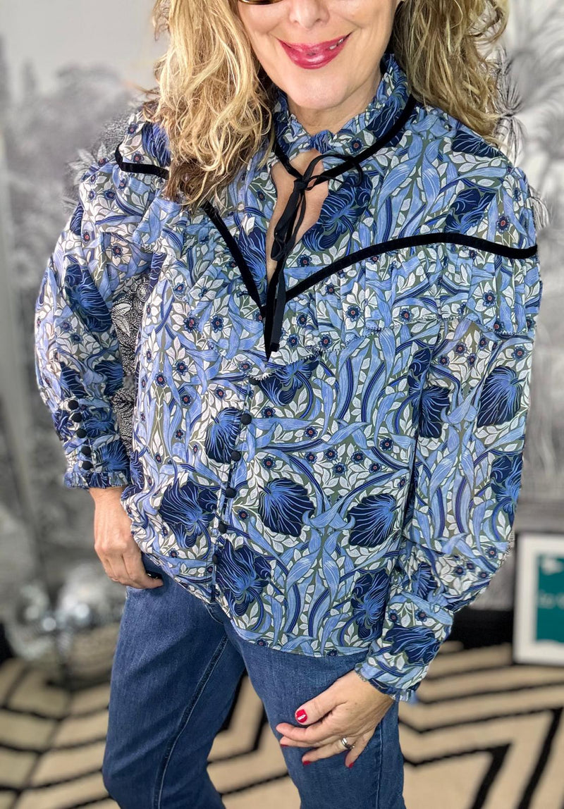Mylene Long Sleeve Frill Shirt with Velvet Detail