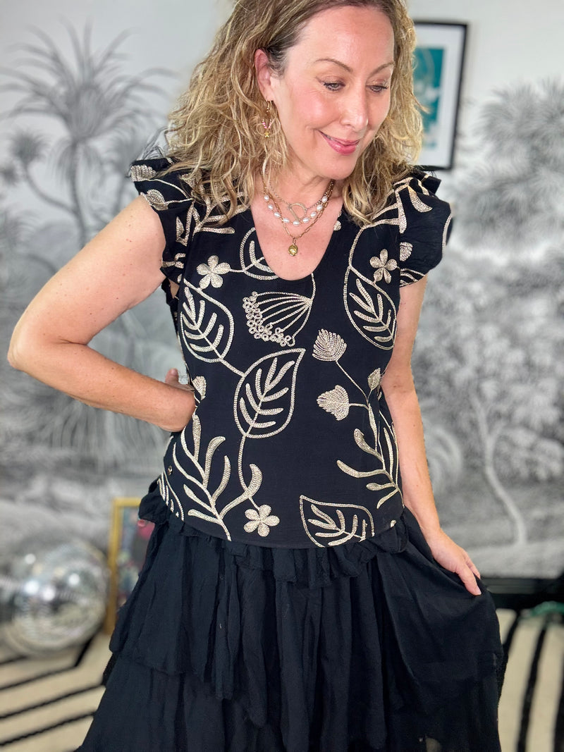 Katia Frill Sleeve Top with Gold Embroidery