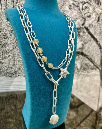 Pearl & Star Double Paperclip Chain Necklace