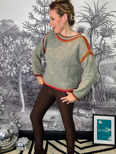 Sara Wide Neck Contrast Stitch Jumper