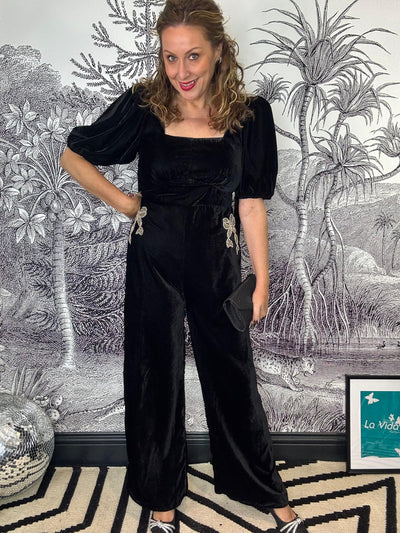 Chelsea Velvet Puff Sleeve Jumpsuit with Embellished Bow