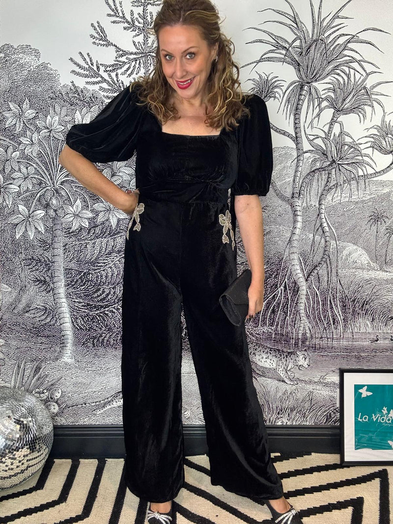Chelsea Velvet Puff Sleeve Jumpsuit with Embellished Bow
