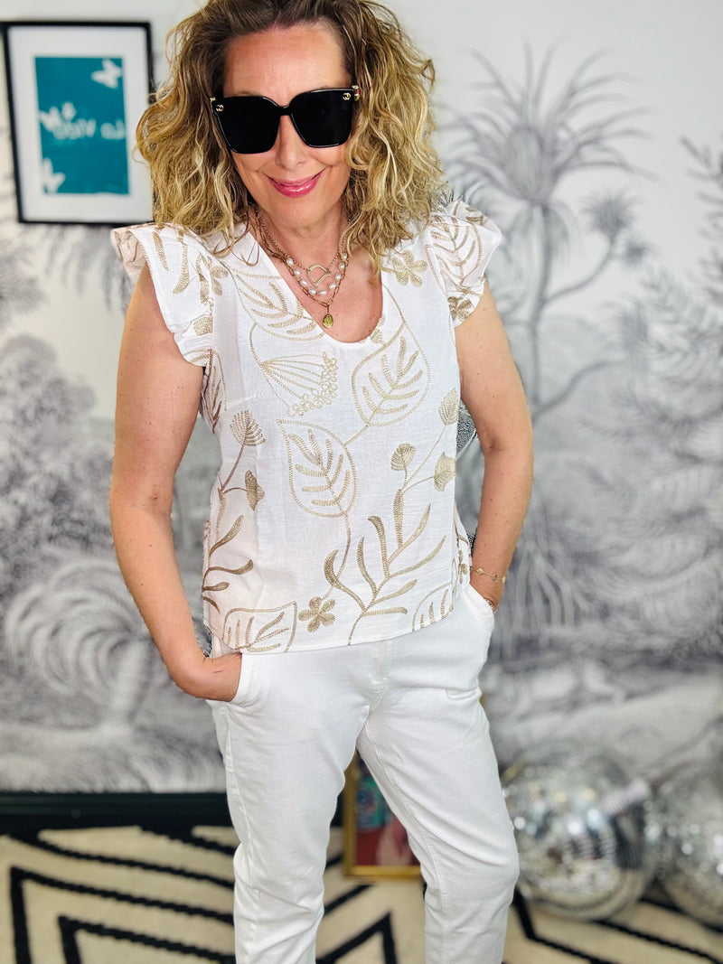 Katia Frill Sleeve Top with Gold Embroidery
