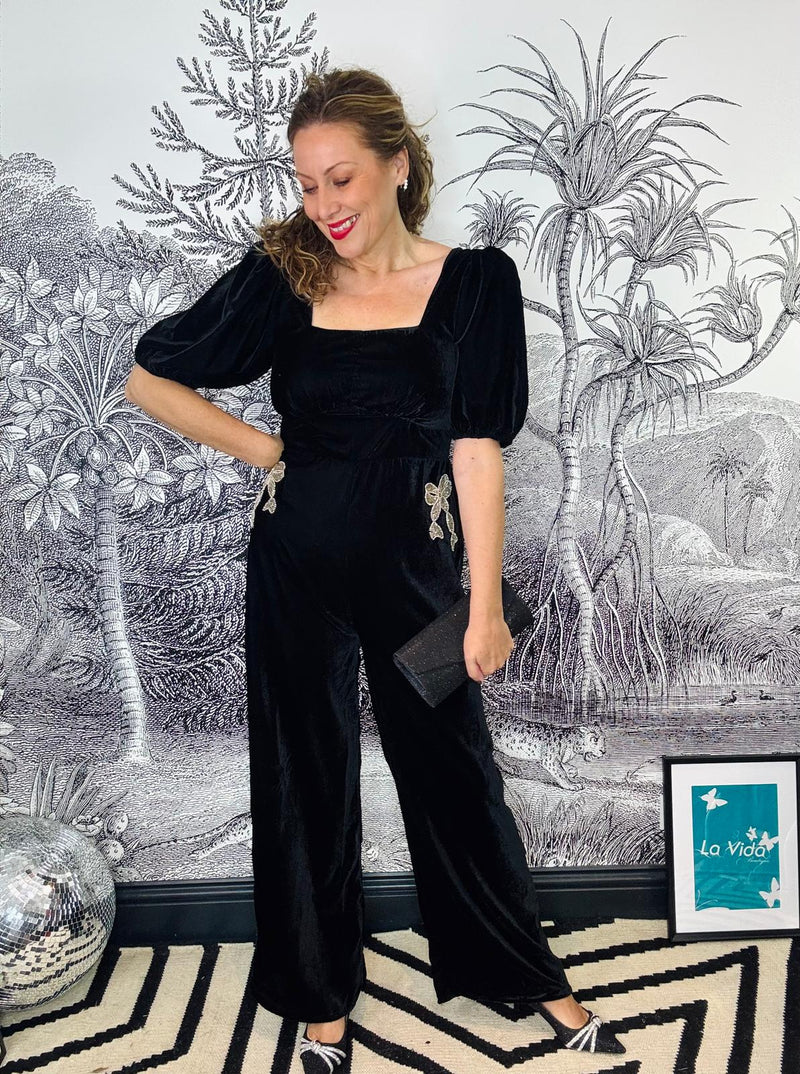 Chelsea Velvet Puff Sleeve Jumpsuit with Embellished Bow