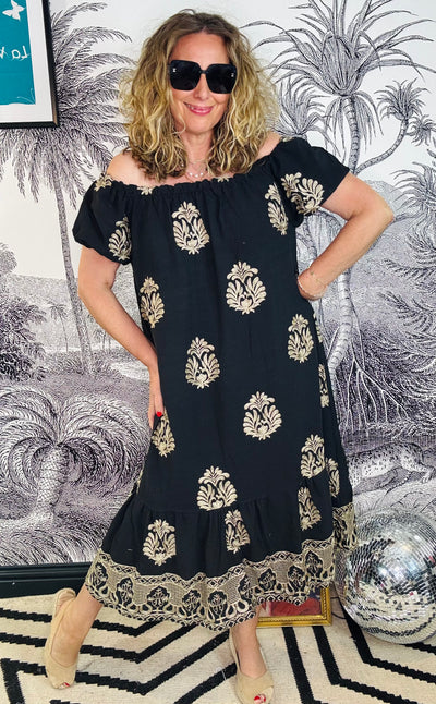 Suki Bardot Midi Dress with Gold Embroidery