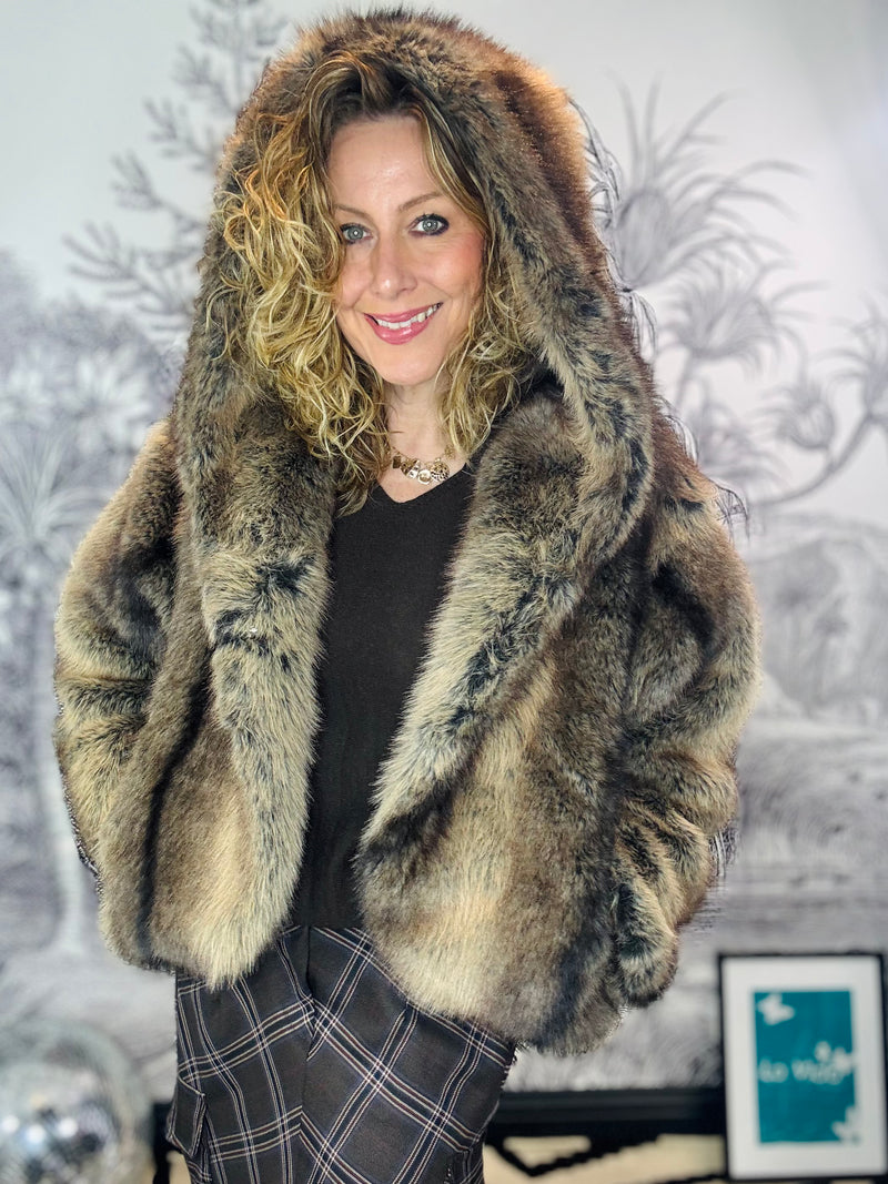 Enid hooded Oversized Two Tone Faux Fur Short Coat