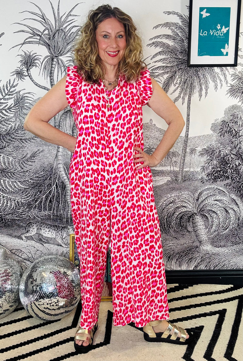 Hedda Leopard Frill Sleeve Cheesecloth Jumpsuit