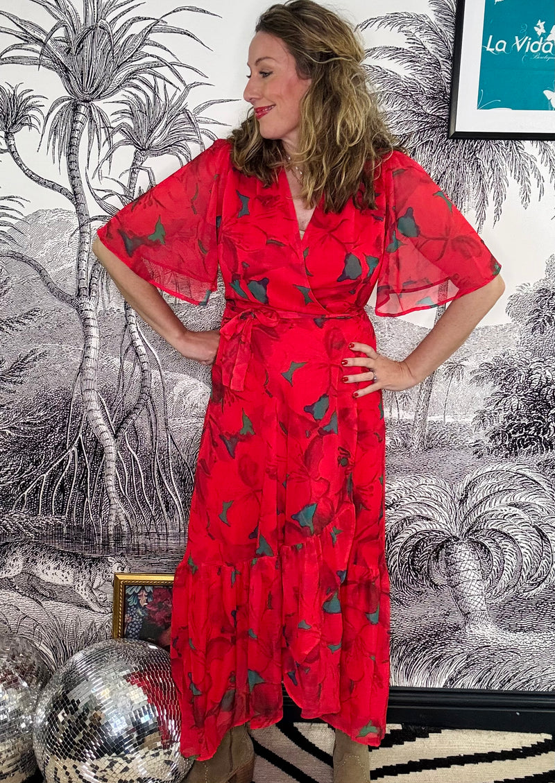 Delia Flutter Sleeve Maxi Wrap Dress