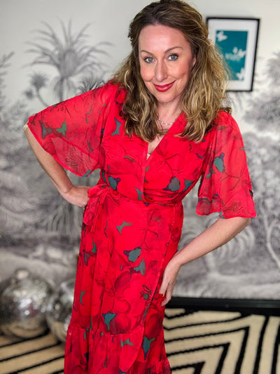 Delia Flutter Sleeve Maxi Wrap Dress