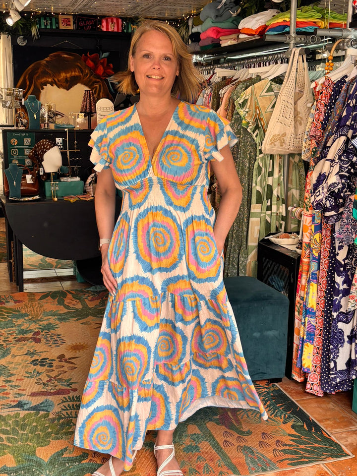Competa Tie Dye Flutter Sleeve Cinched Waist Maxi Dress