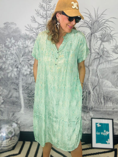 Luna Pleat Tunic Dress in Green Argyle