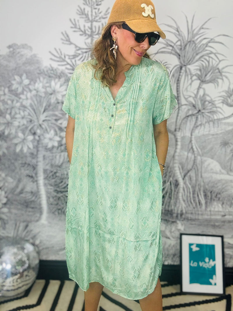 Luna Pleat Tunic Dress in Green Argyle
