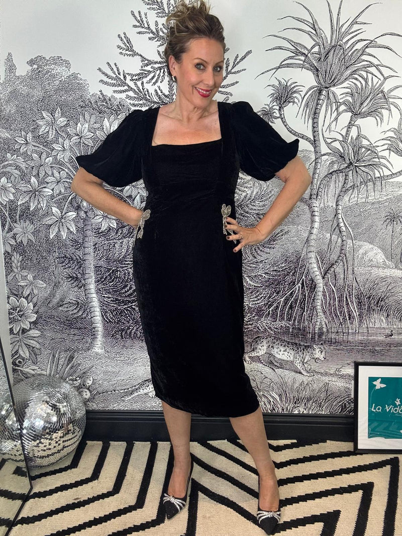 Alba Velvet Puff Sleeve Midi Dress with Embellished Bow