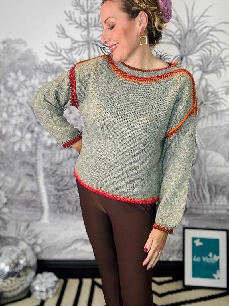 Sara Wide Neck Contrast Stitch Jumper