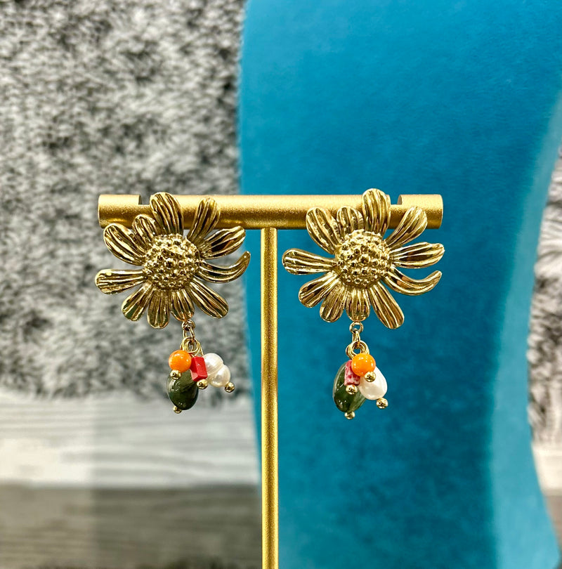 Gold Daisy & Bead Drop Earrings