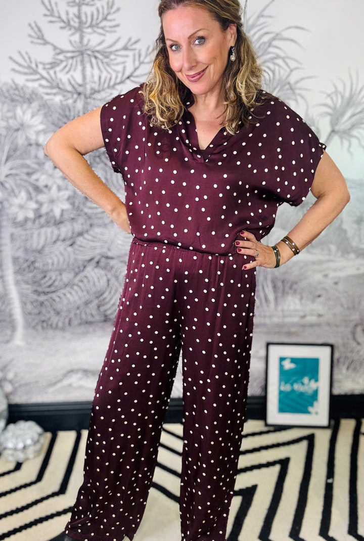 Valery Polka Dot Satin Trousers in Plum