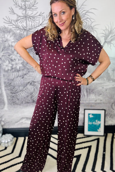 Valery Polka Dot Satin Trousers in Plum