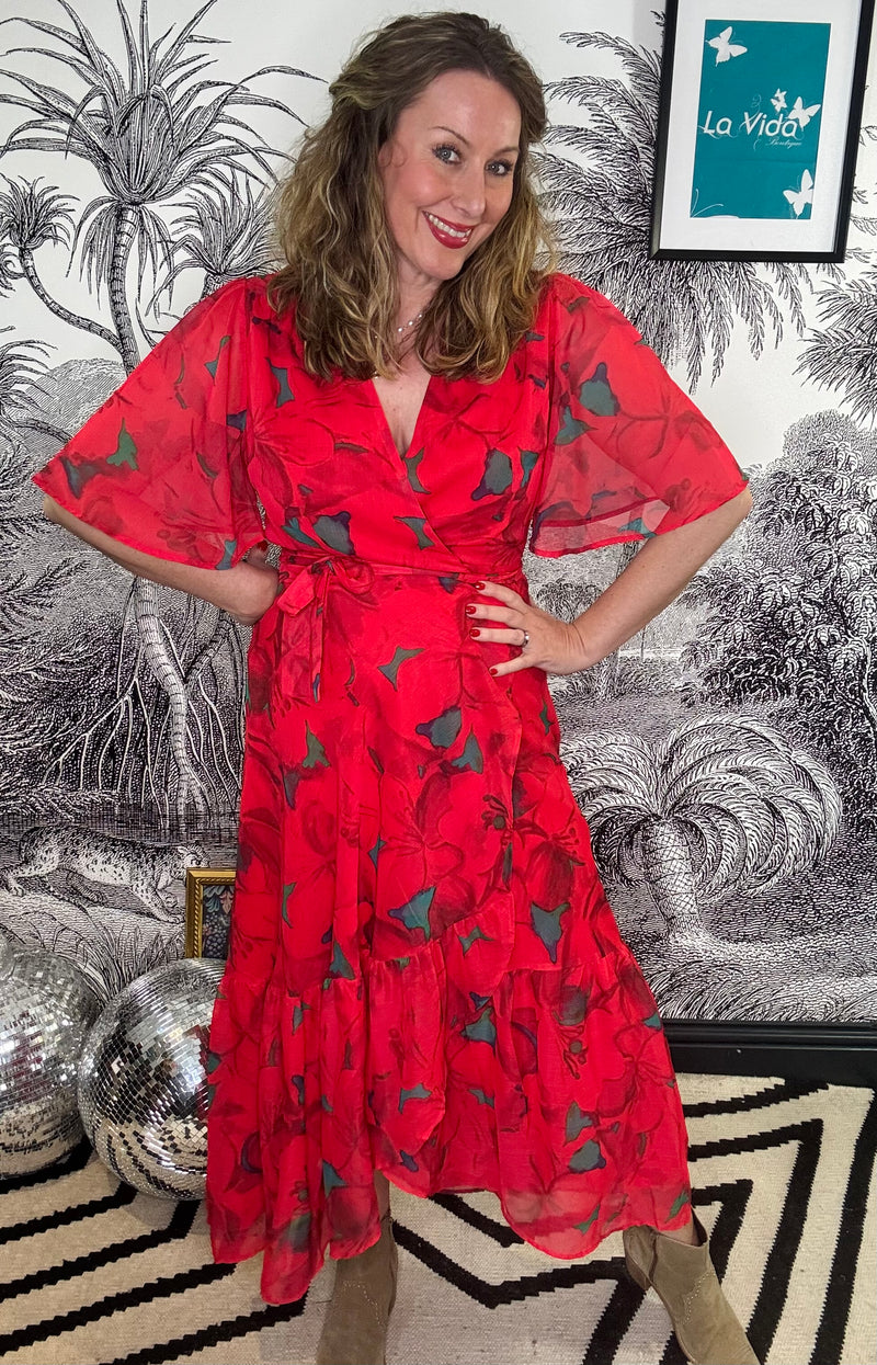 Delia Flutter Sleeve Maxi Wrap Dress