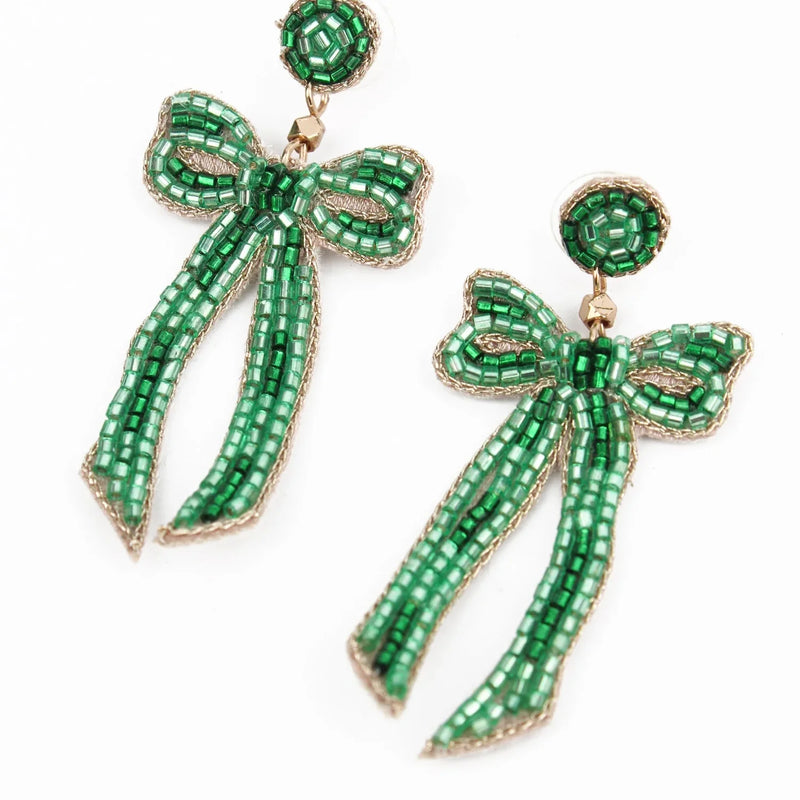 Green Bow Beaded Drop Earrings