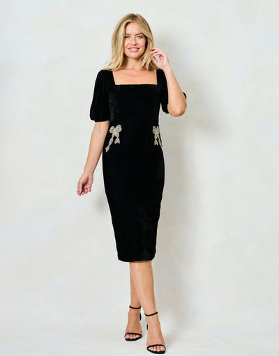 Alba Velvet Puff Sleeve Midi Dress with Embellished Bow