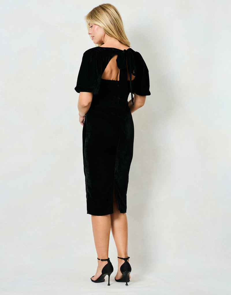 Alba Velvet Puff Sleeve Midi Dress with Embellished Bow