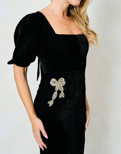 Alba Velvet Puff Sleeve Midi Dress with Embellished Bow