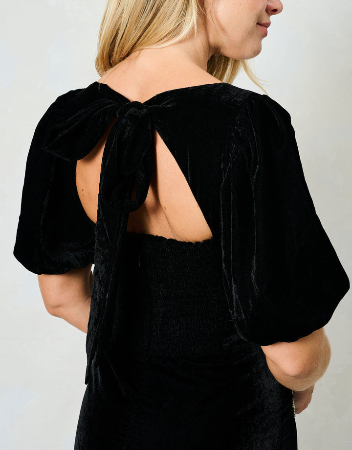 Alba Velvet Puff Sleeve Midi Dress with Embellished Bow