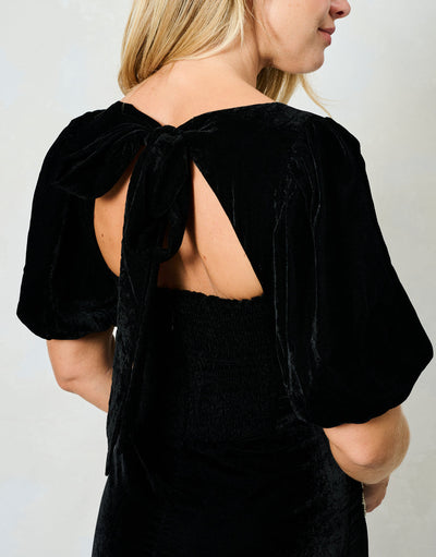 Alba Velvet Puff Sleeve Midi Dress with Embellished Bow