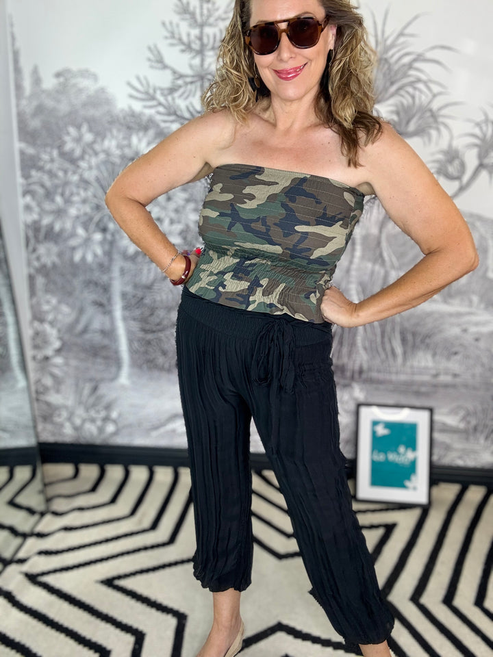 Silk Aladdin Trousers with Wide Elasticated Waistband and Tie