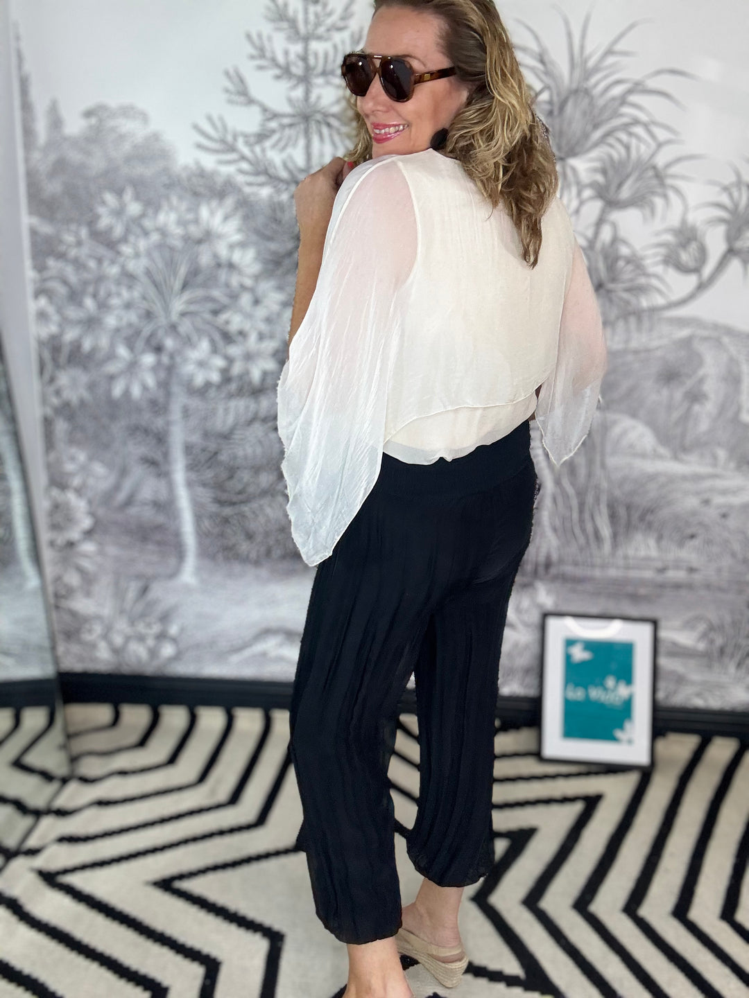 Silk Aladdin Trousers with Wide Elasticated Waistband and Tie