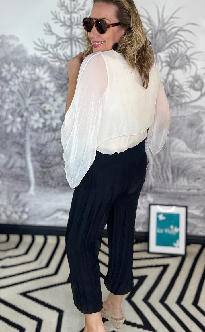Marakesh Silk Blend Boxy Layered Top with Open Sleeve Detail