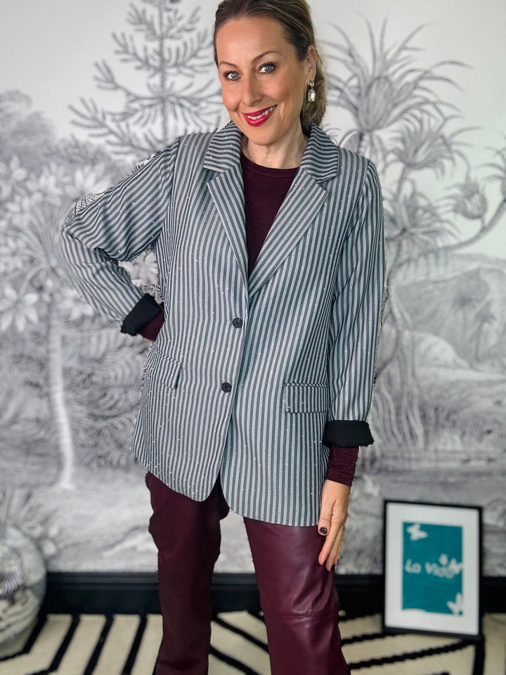 Brielle Sparkle Stone Blazer in Grey Pinstripe