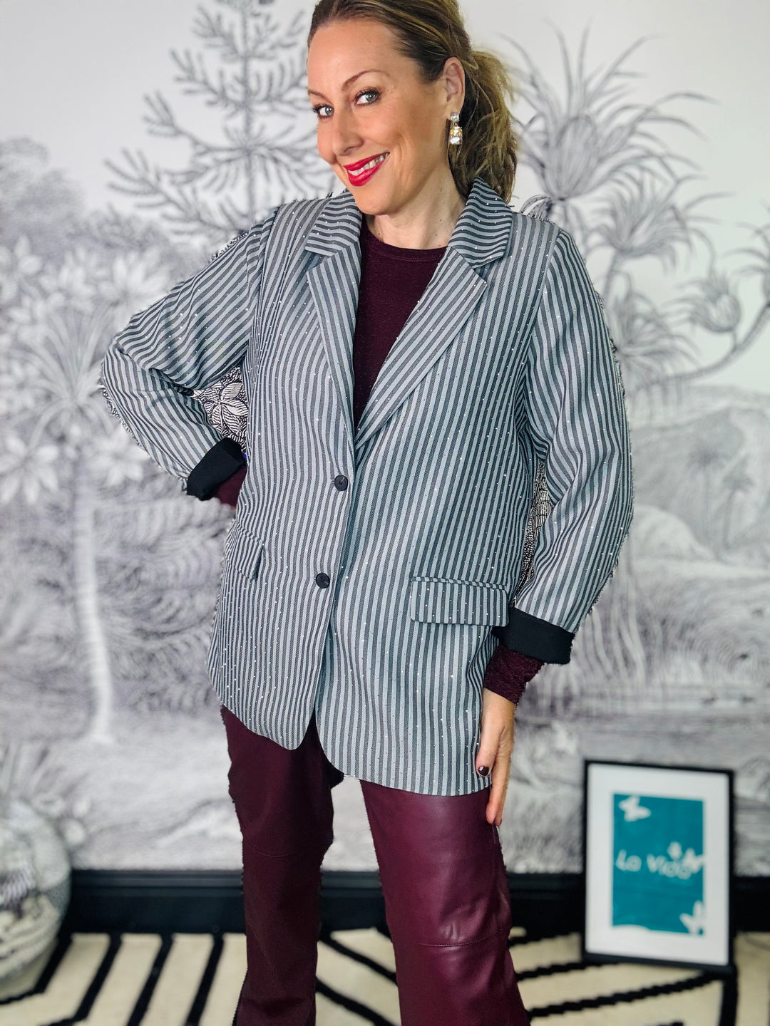 Brielle Sparkle Stone Blazer in Grey Pinstripe