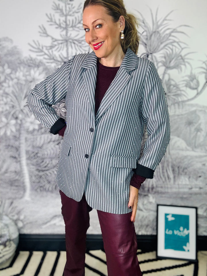 Brielle Sparkle Stone Blazer in Grey Pinstripe