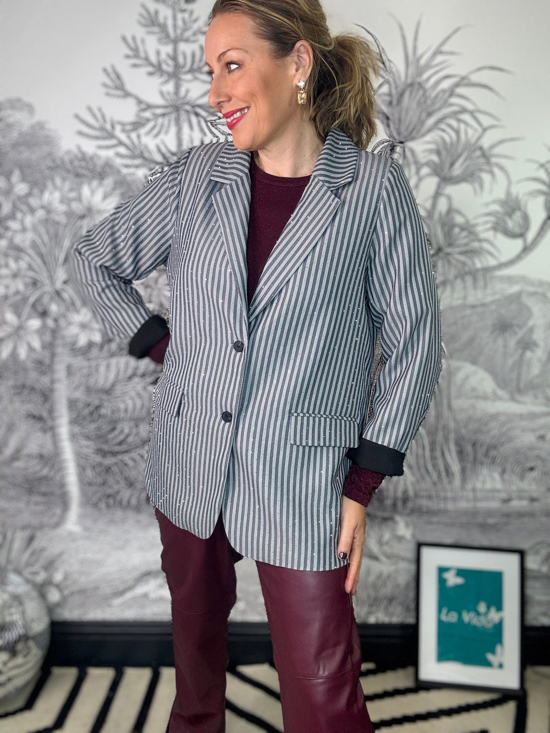 Brielle Sparkle Stone Blazer in Grey Pinstripe