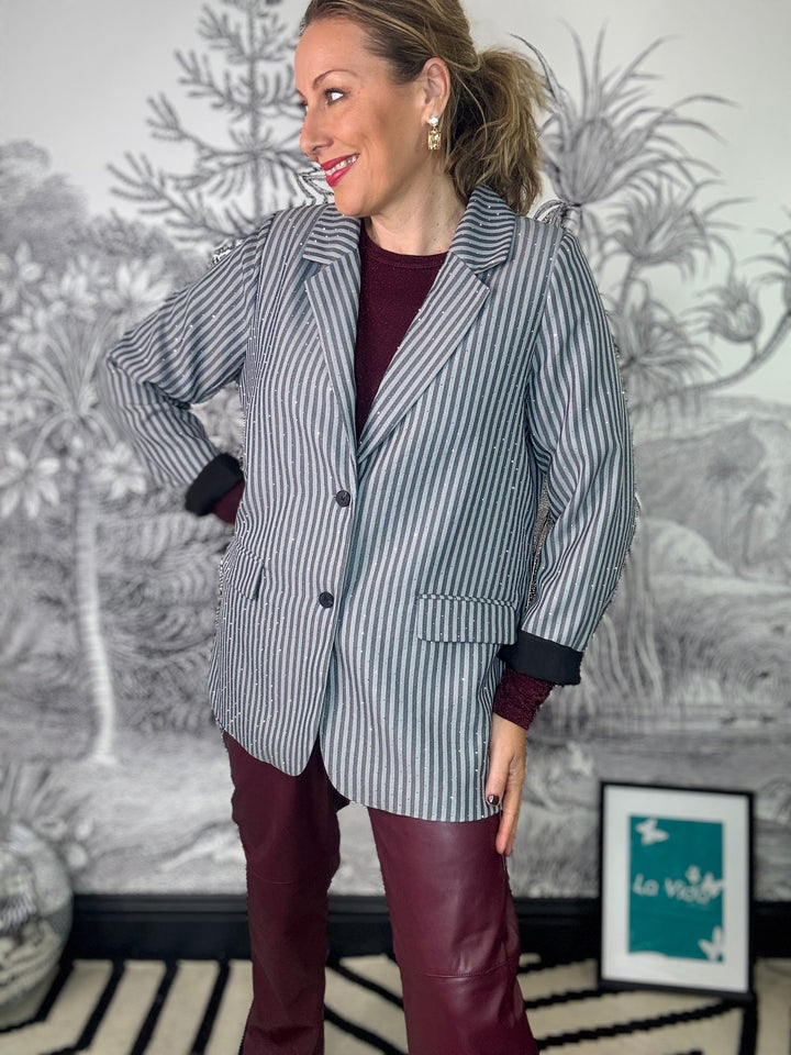 Brielle Sparkle Stone Blazer in Grey Pinstripe