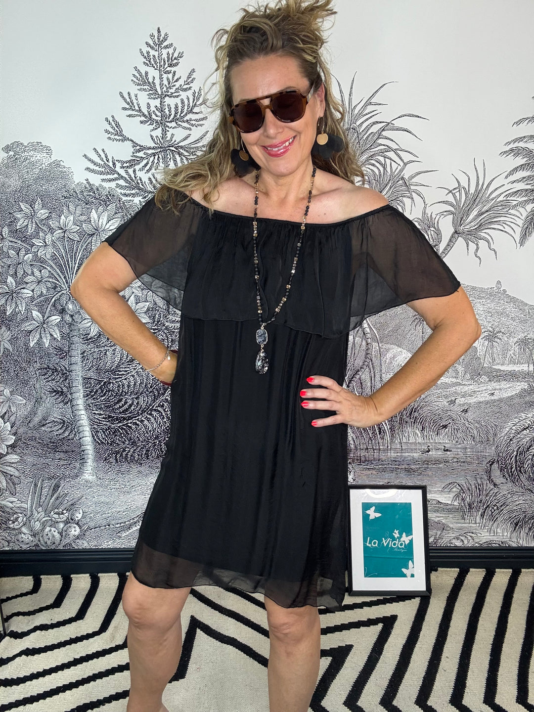 Bella Bardot Silk Midi Dress in Black
