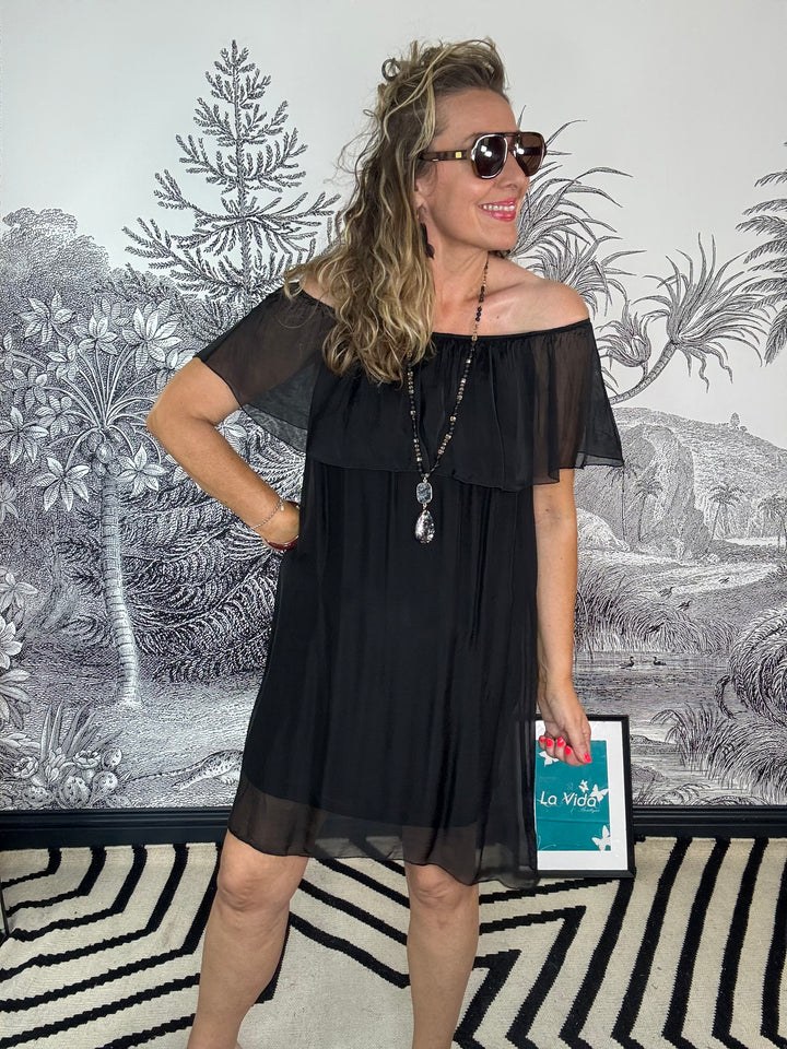 Bella Bardot Silk Midi Dress in Black