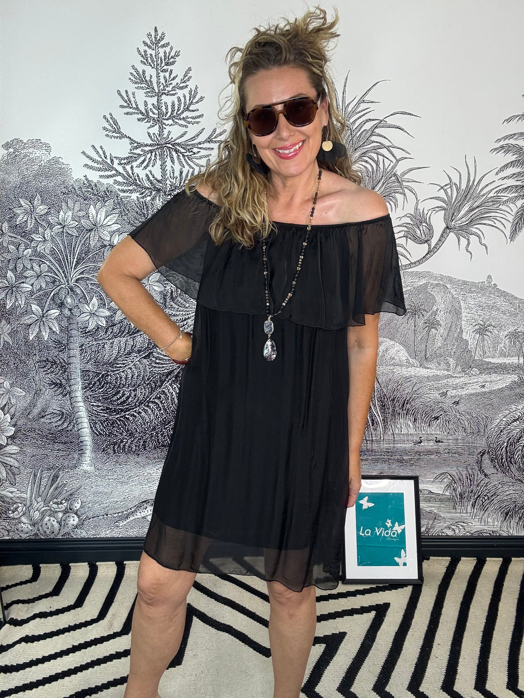 Bella Bardot Silk Midi Dress in Black