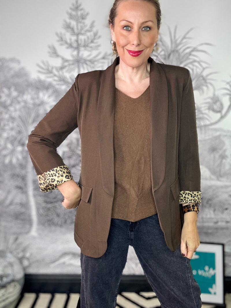 Lana Leopard Lined Open Blazer in Brown