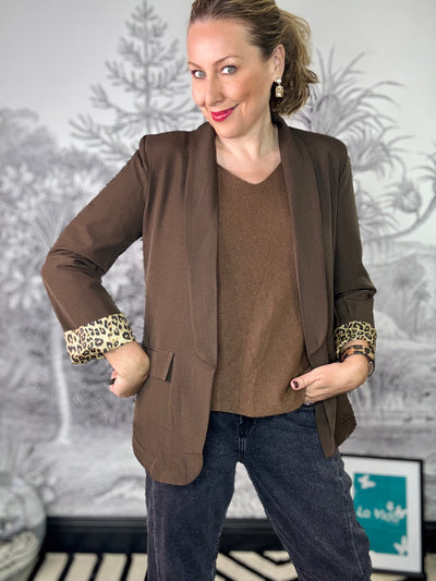Lana Leopard Lined Open Blazer in Brown