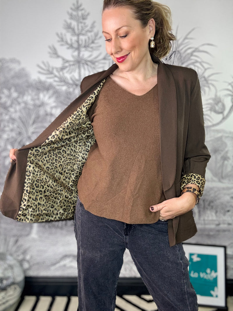 Lana Leopard Lined Open Blazer in Brown